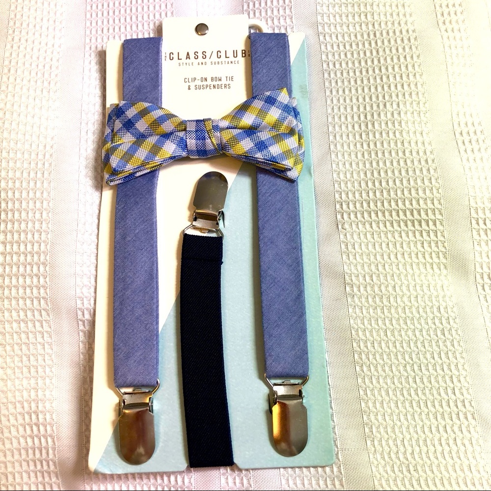 NWT‎ Event Boys Clip-On Plaid Bow Tie & Suspenders Set  Yellow Blue Chambray